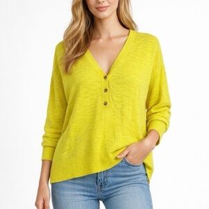 LOFT Henley Sweater Top Size L Bright Yellow Knit Cotton Blend V Neck